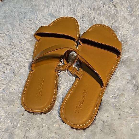Madewell Women Tan Leather Double Strap Slide Sandals Slip On Flat‎ Shoes - Picture 3 of 4